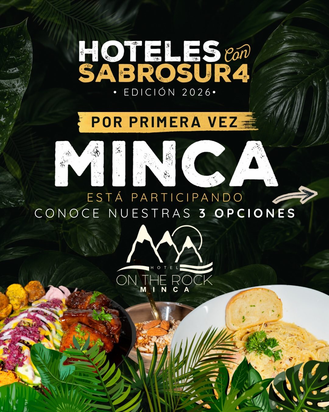 🔥 ¡Minca se une por primera vez a Hoteles con Sabrosura! 🔥

Disfruta en nuestro hotel una experiencia gastronómica completa por $60.000 🍽️✨

Incluye:
🥩 Plato fuerte a elección
🍮 Entrada o postre
🥤 Bebida incluida

Opciones de plato fuerte:
• Costillas BBQ
• Pasta Carbonara con pollo
• Lomo fino con vegetales salteados y puré de papa

📍Somos el único hotel de Minca en este gran evento, junto a reconocidos hoteles de Santa Marta.

¡Ven a almorzar o cenar con nosotros y vive el sabor de Minca!