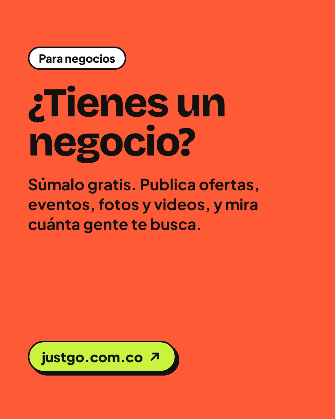 ¿Tienes un negocio en Santa Marta? Súmalo gratis a JustGo: publica tus ofertas, eventos, fotos y videos, y mira cuánta gente te busca. Entra a justgo.com.co/mi-negocio